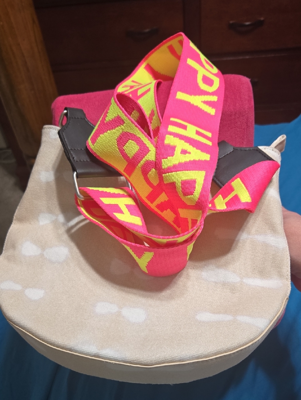 Koala Kanvas Shoulder Bag with "Happy"  Neon Pink & Yellow Strap